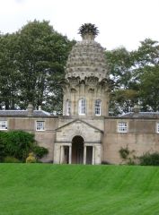 The pineapple stands 45' above the garden wall. These walls were heated to help the collection of exotic plants survive the Scottish weather.